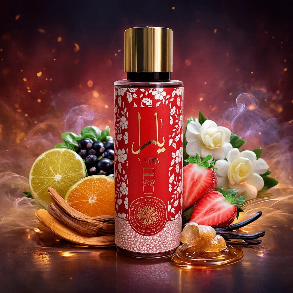 Yara Brume Parfumée 250ML – Brume Féminine Gourmande et Orientale, Fraise, Vanille, Musc & Ambre