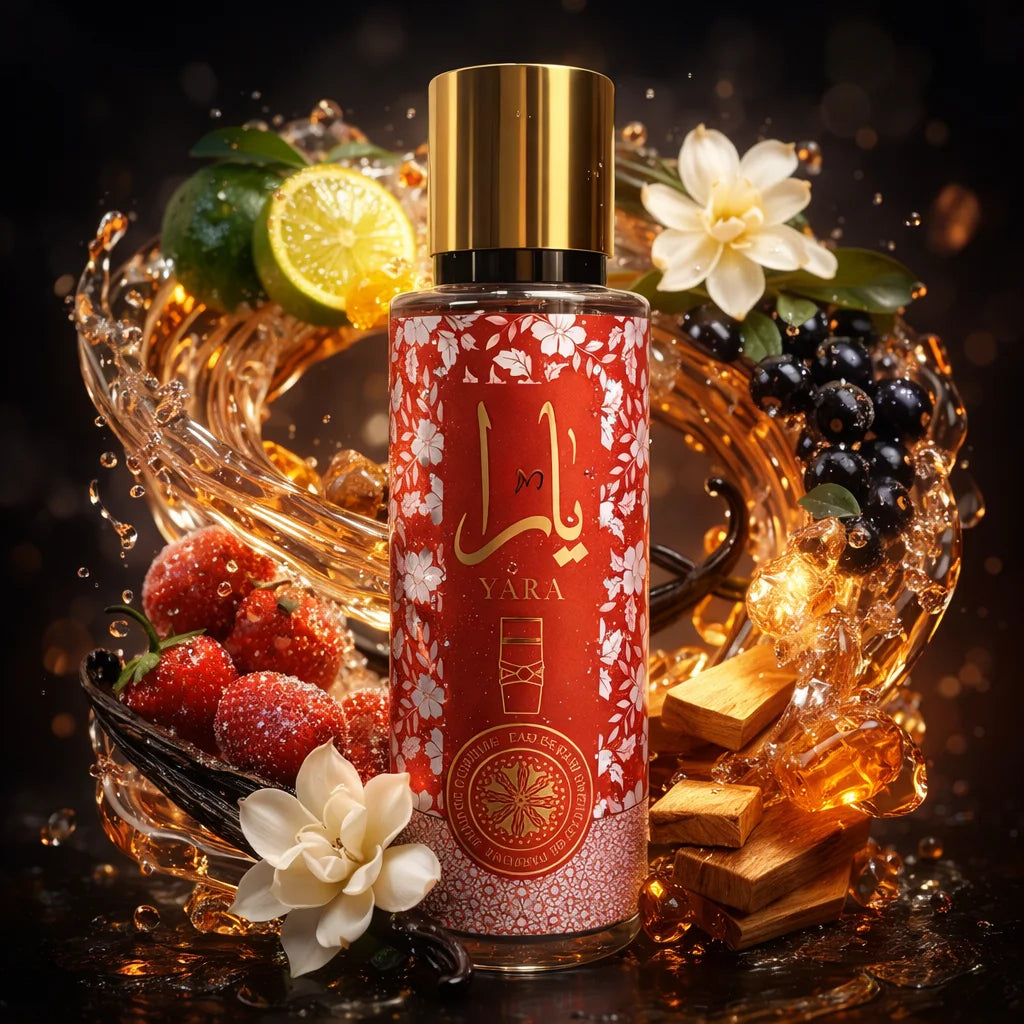 Yara Brume Parfumée 250ML – Brume Féminine Gourmande et Orientale, Fraise, Vanille, Musc & Ambre