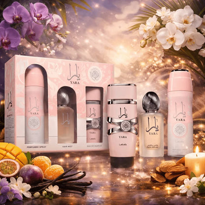 LATTAFA YARA 3-PIECE COFFRET SET - 100ML EDP + 200ML DEODORANT SPRAY + 50ML HAIR MIST