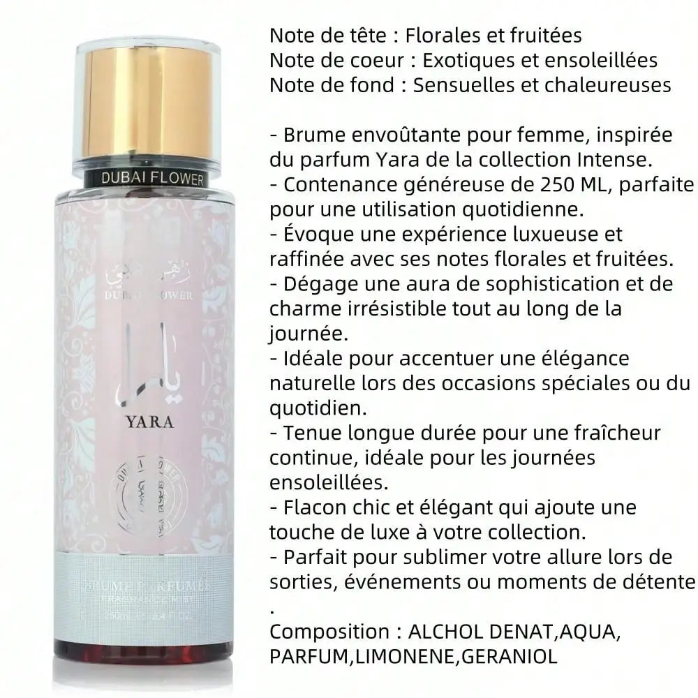 Yara Brume Parfumée 250 ml – Brume Corporelle Florale & Fruitée, Notes Exotiques, Parfum Sensuel et Ensoleillé