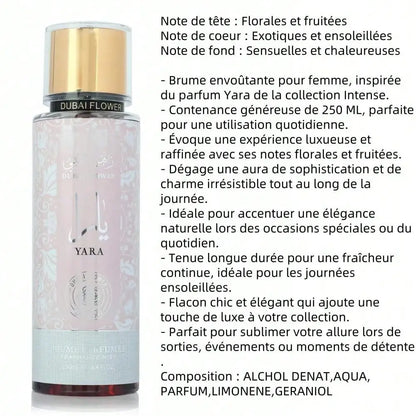 Yara Brume Parfumée 250 ml – Brume Corporelle Florale & Fruitée, Notes Exotiques, Parfum Sensuel et Ensoleillé