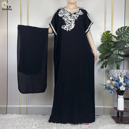 Abayas Africaines à Manches Courtes pour Femme, Robe Élégantes avec Turban, Couleur