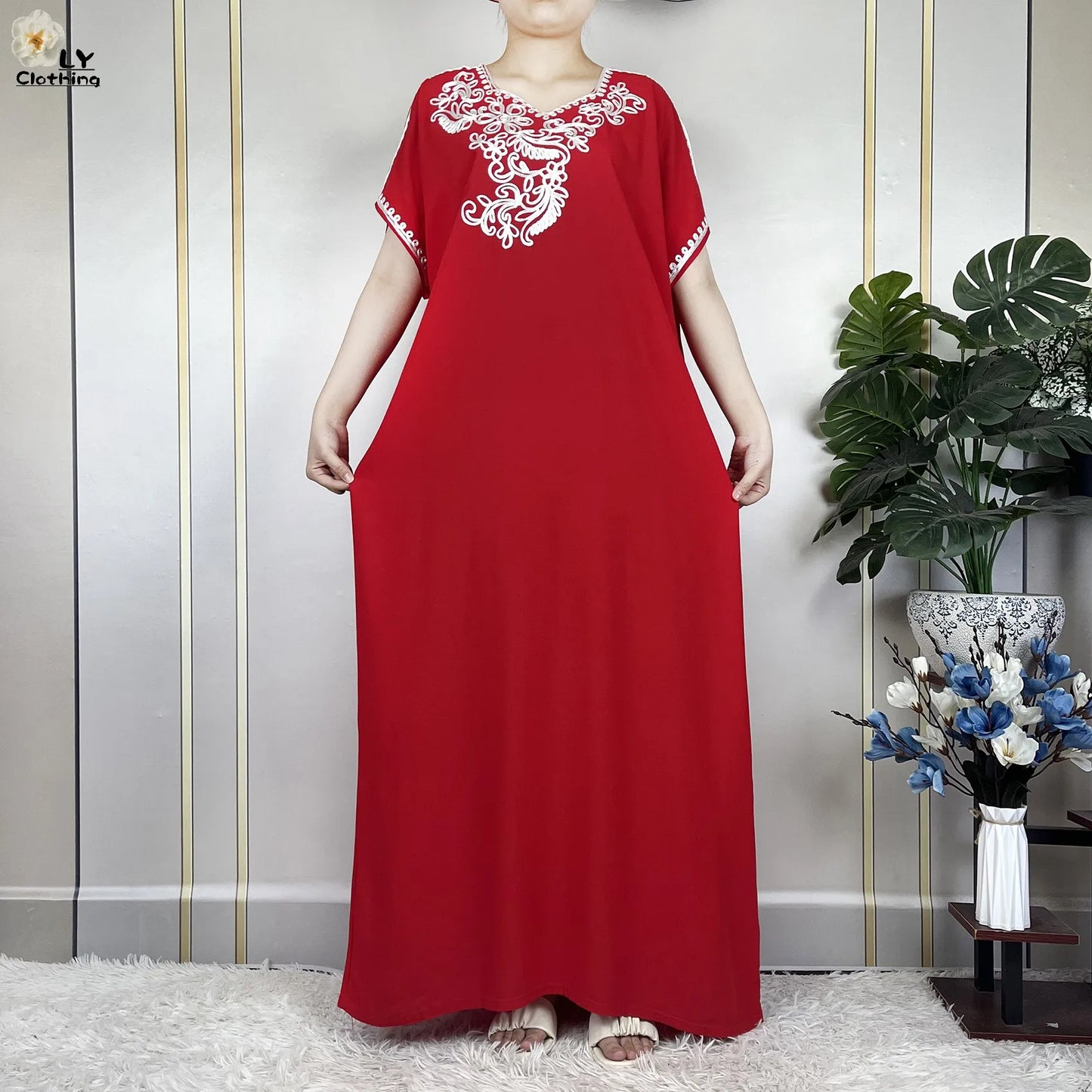 Abayas Africaines à Manches Courtes pour Femme, Robe Élégantes avec Turban, Couleur
