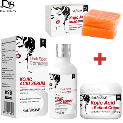 Ensemble de soins pour la peau à l'acide kojique, crème, sérum, nettoyage, savon