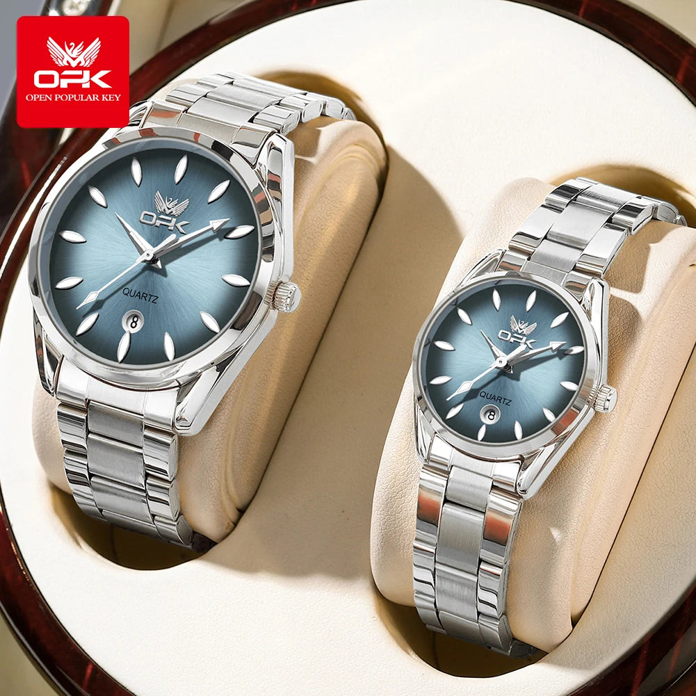 OPK 6038 Couple montres ceinture en acier inoxydable calendrier étanche profond horloge à main