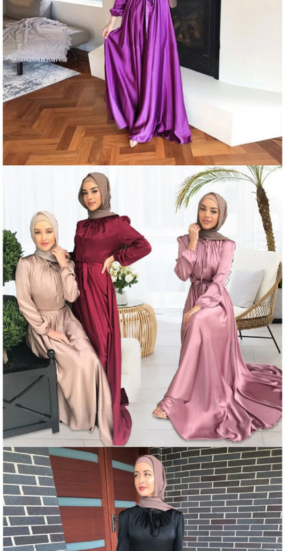 Abaya-Robe Longue en Satin pour Femme, Tenue de Soirée