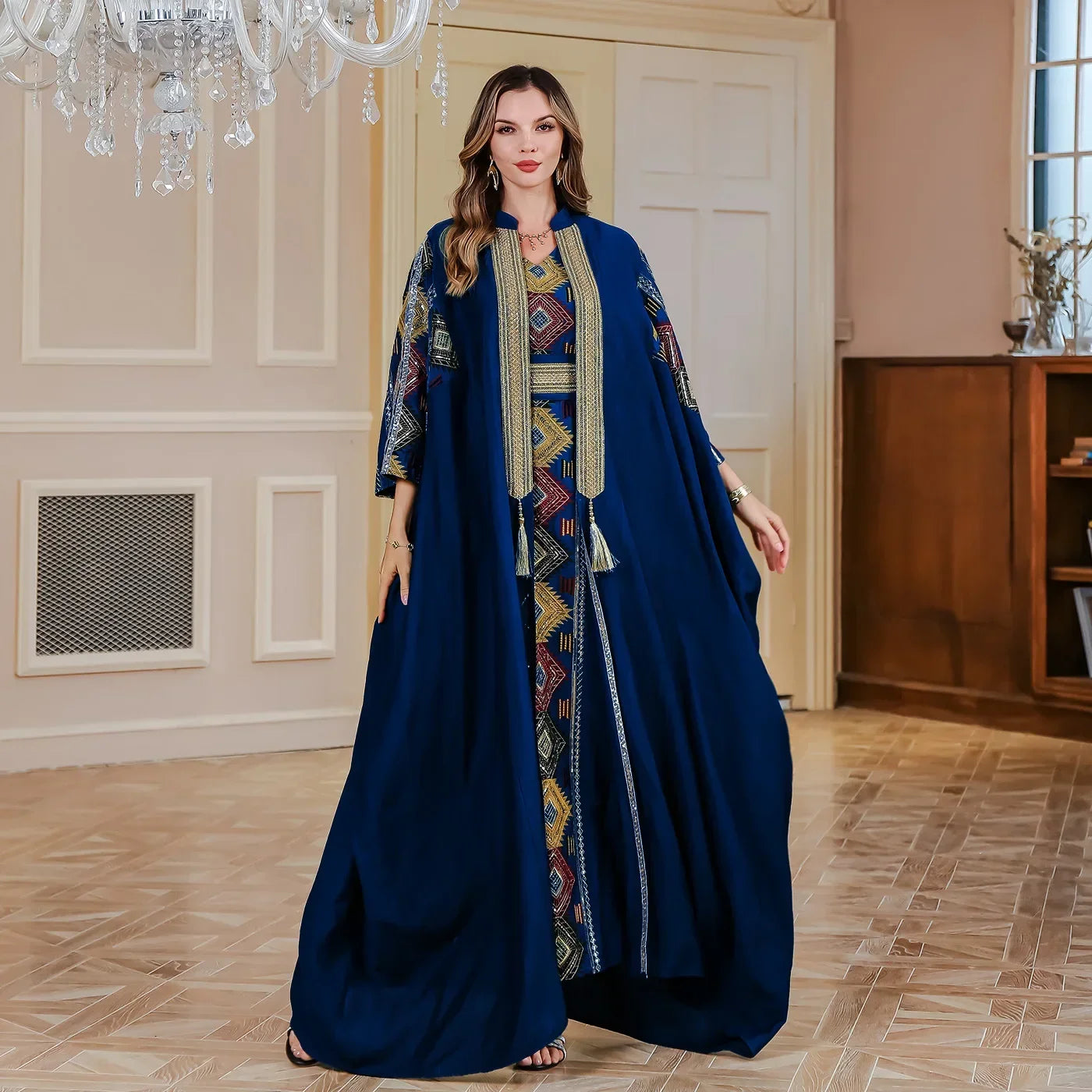 Robe musulmane brodée pour femmes, Abaya ouverte