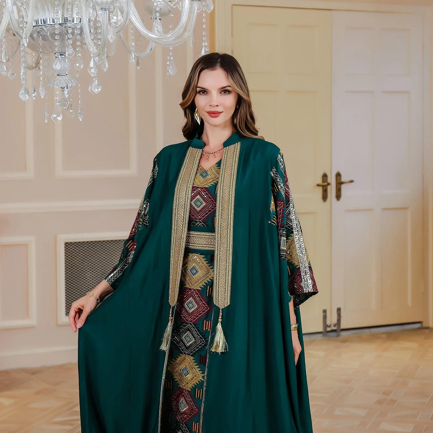 Robe musulmane brodée pour femmes, Abaya ouverte