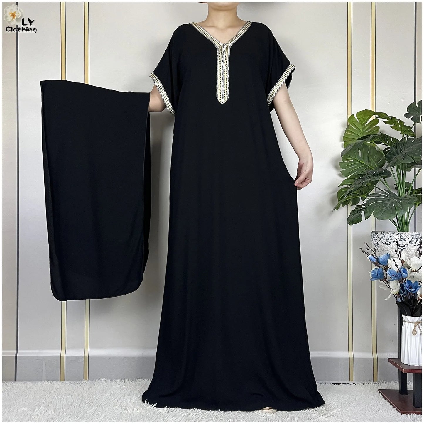 Abayas Africaines à Manches Courtes pour Femme, Robe Élégantes avec Turban, Couleur