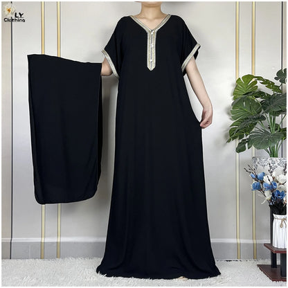 Abayas Africaines à Manches Courtes pour Femme, Robe Élégantes avec Turban, Couleur