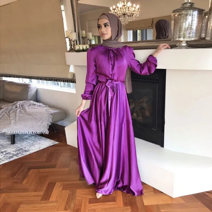 Abaya-Robe Longue en Satin pour Femme, Tenue de Soirée