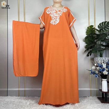 Abayas Africaines à Manches Courtes pour Femme, Robe Élégantes avec Turban, Couleur