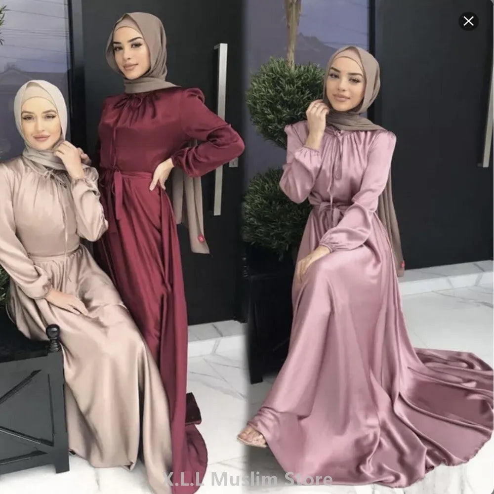 Abaya-Robe Longue en Satin pour Femme, Tenue de Soirée