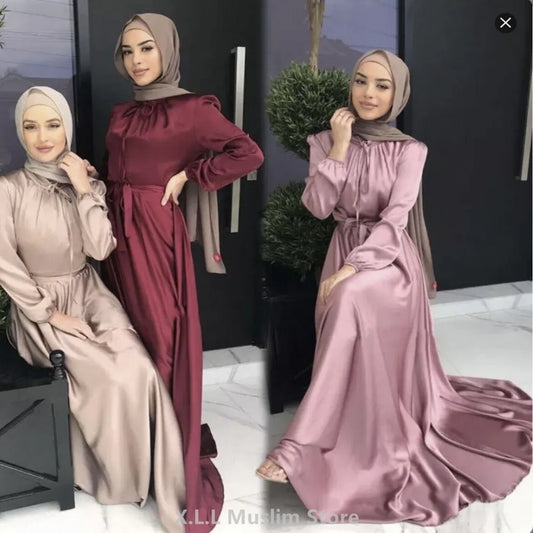 Abaya-Robe Longue en Satin pour Femme, Tenue de Soirée