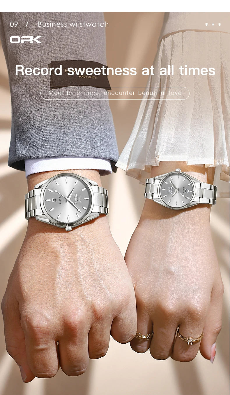 OPK 6038 Couple montres ceinture en acier inoxydable calendrier étanche profond horloge à main