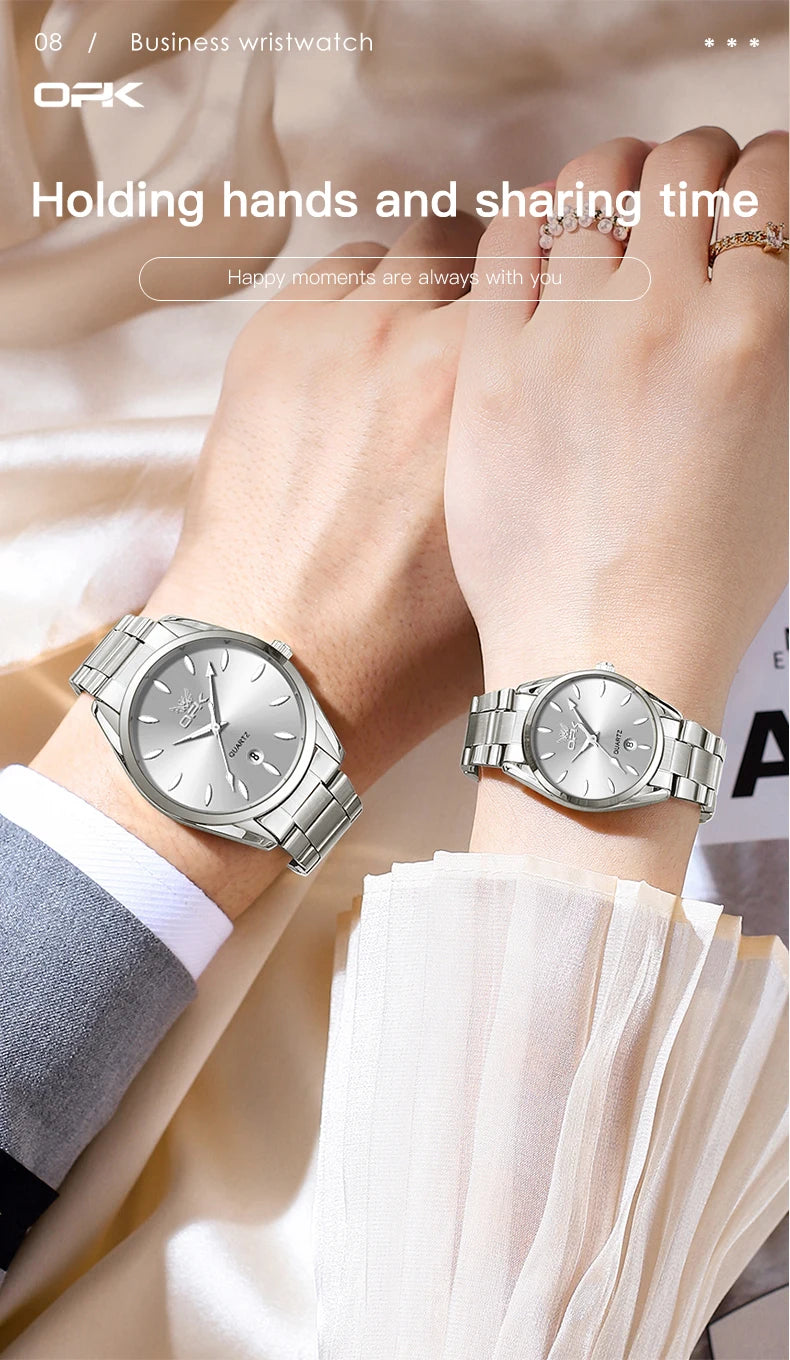 OPK 6038 Couple montres ceinture en acier inoxydable calendrier étanche profond horloge à main