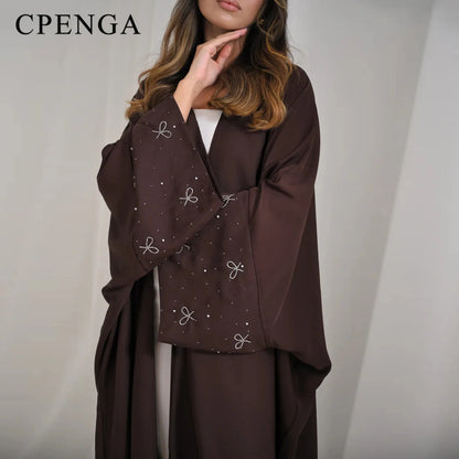 Abaya de luxe de dubaï avec nœud perlé, robe modeste pour femmes élégante