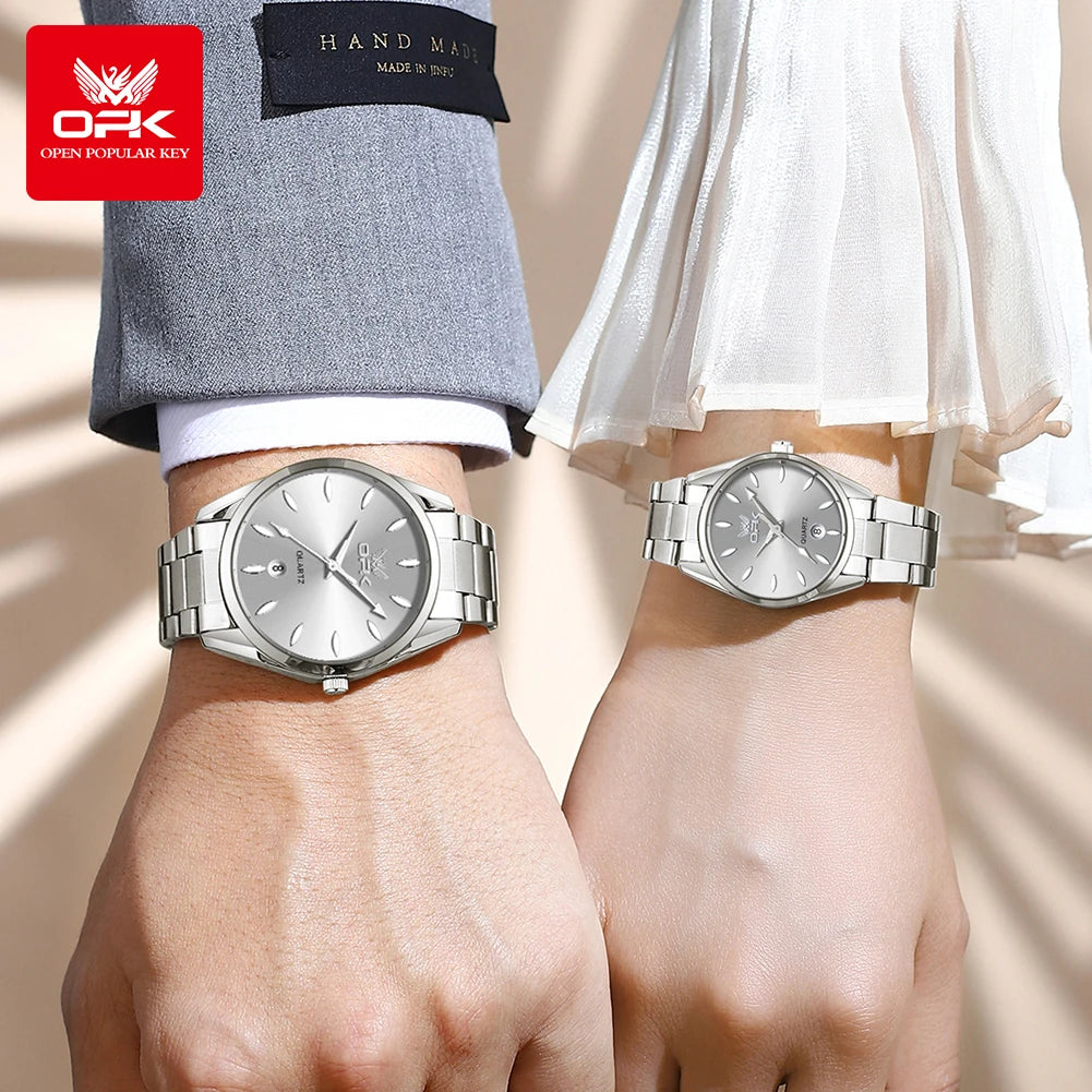 OPK 6038 Couple montres ceinture en acier inoxydable calendrier étanche profond horloge à main