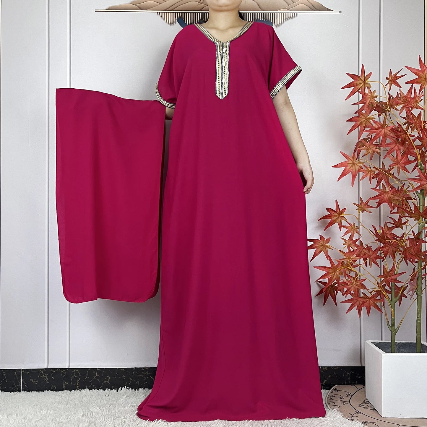 Abayas Africaines à Manches Courtes pour Femme, Robe Élégantes avec Turban, Couleur