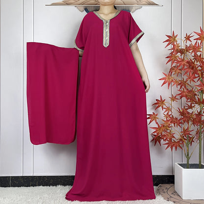 Abayas Africaines à Manches Courtes pour Femme, Robe Élégantes avec Turban, Couleur