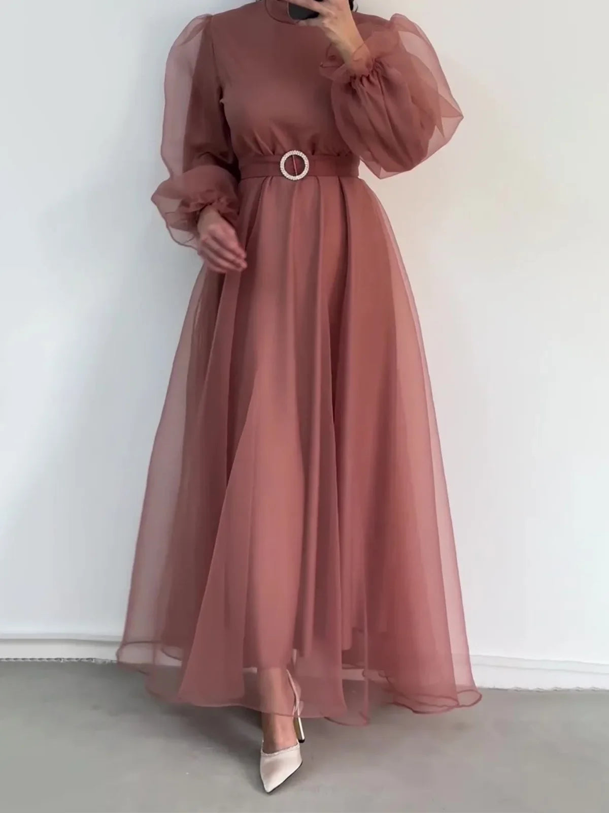 Abayas de Dubaï à col mi-haut pour femmes, en gaze, caftan décontracté