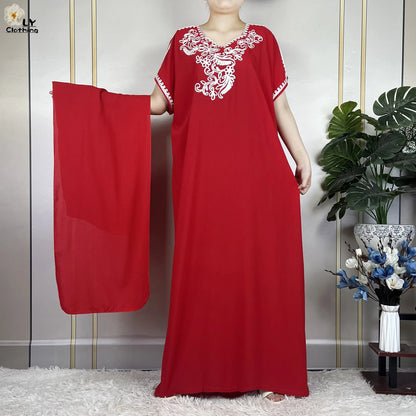 Abayas Africaines à Manches Courtes pour Femme, Robe Élégantes avec Turban, Couleur