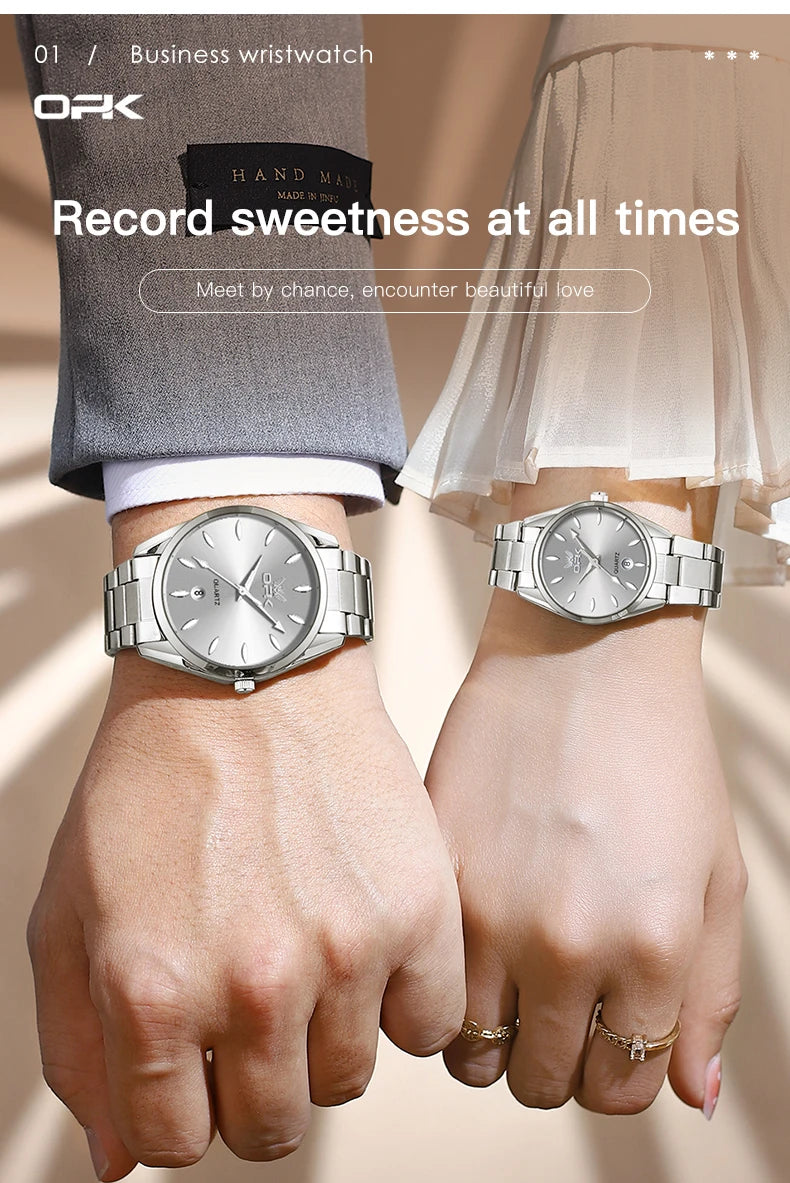 OPK 6038 Couple montres ceinture en acier inoxydable calendrier étanche profond horloge à main