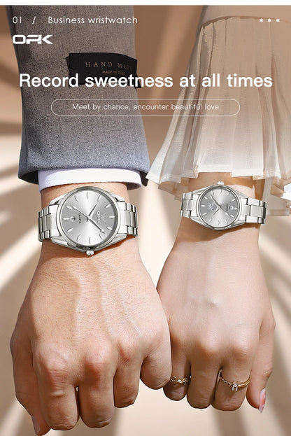 OPK 6038 Couple montres ceinture en acier inoxydable calendrier étanche profond horloge à main