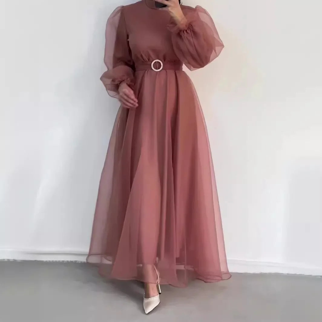 Abayas de Dubaï à col mi-haut pour femmes, en gaze, caftan décontracté