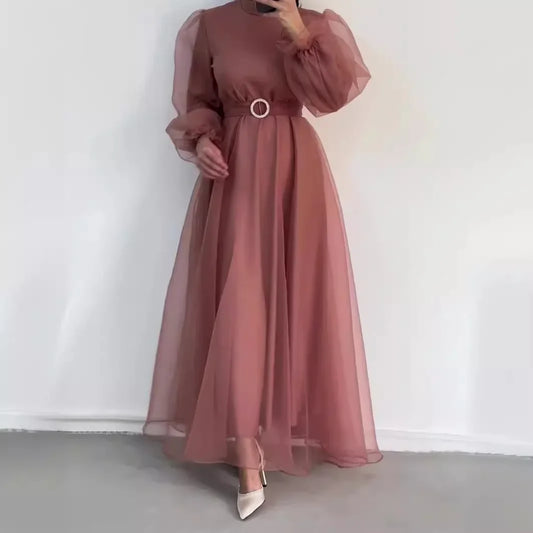 Abayas de Dubaï à col mi-haut pour femmes, en gaze, caftan décontracté