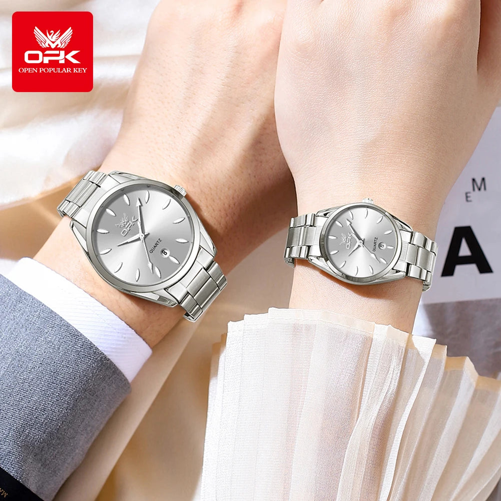 OPK 6038 Couple montres ceinture en acier inoxydable calendrier étanche profond horloge à main