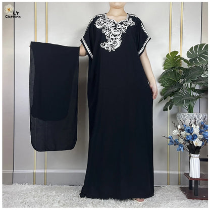 Abayas Africaines à Manches Courtes pour Femme, Robe Élégantes avec Turban, Couleur