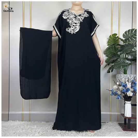 Abayas Africaines à Manches Courtes pour Femme, Robe Élégantes avec Turban, Couleur