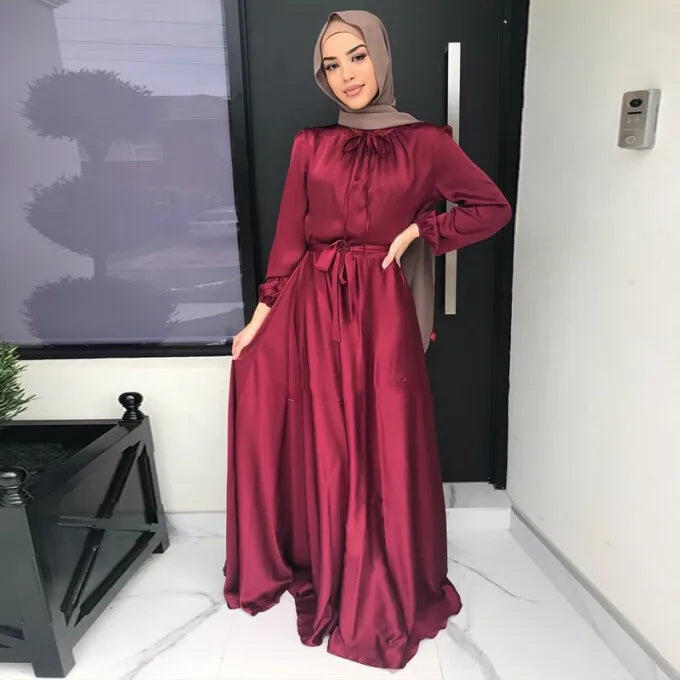 Abaya-Robe Longue en Satin pour Femme, Tenue de Soirée