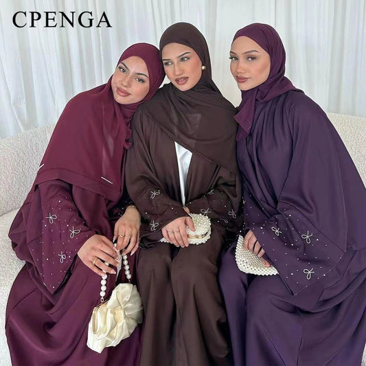 Abaya de luxe de dubaï avec nœud perlé, robe modeste pour femmes élégante