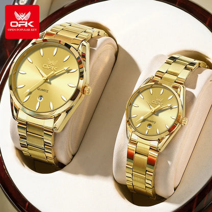 OPK 6038 Couple montres ceinture en acier inoxydable calendrier étanche profond horloge à main