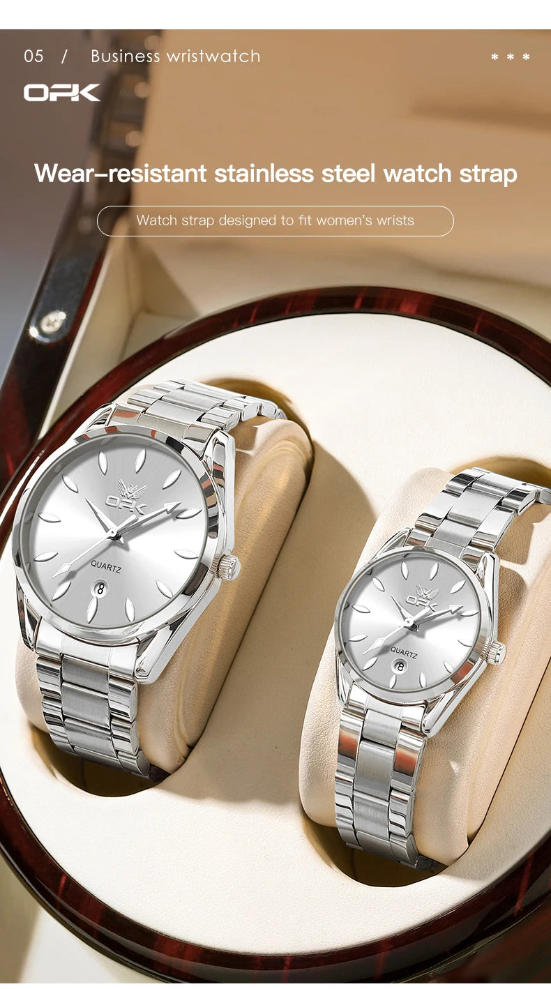 OPK 6038 Couple montres ceinture en acier inoxydable calendrier étanche profond horloge à main