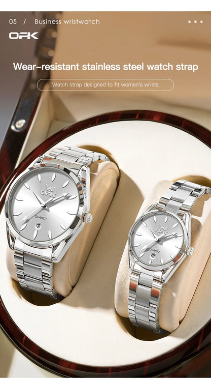 OPK 6038 Couple montres ceinture en acier inoxydable calendrier étanche profond horloge à main