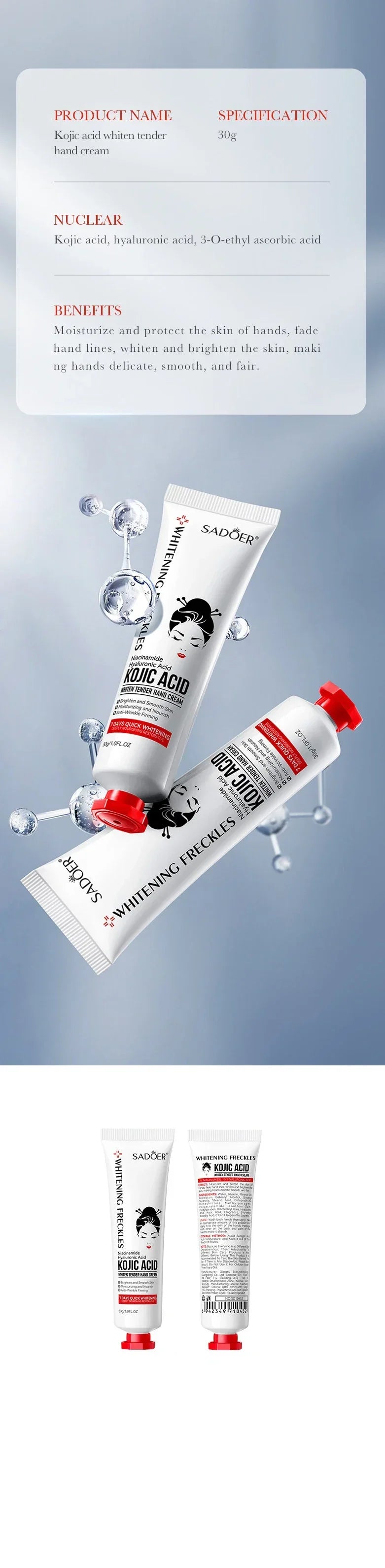 Crème pour les mains Anti-rides à l'acide kojique