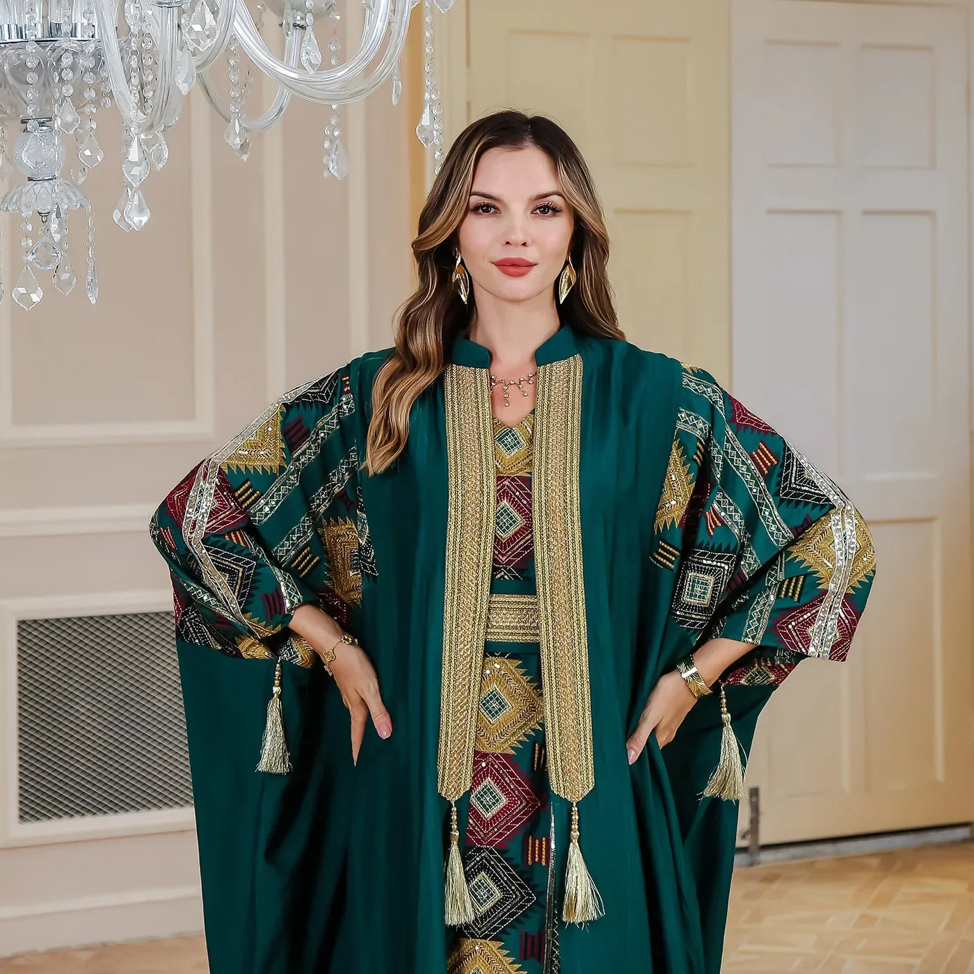 Robe musulmane brodée pour femmes, Abaya ouverte