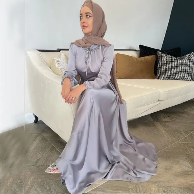 Abaya-Robe Longue en Satin pour Femme, Tenue de Soirée