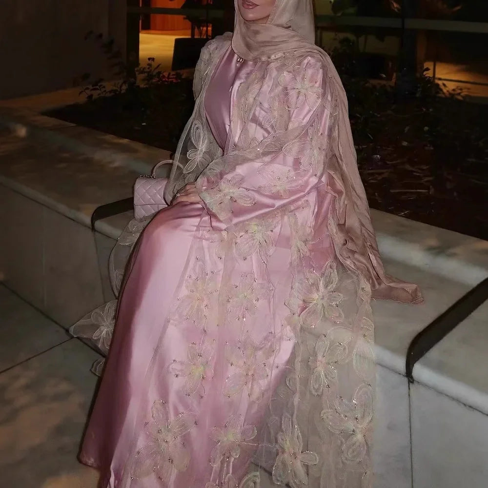 Luxe dubaï ouvert Abaya broderie pour les femmes turquie caftan Jalabiya