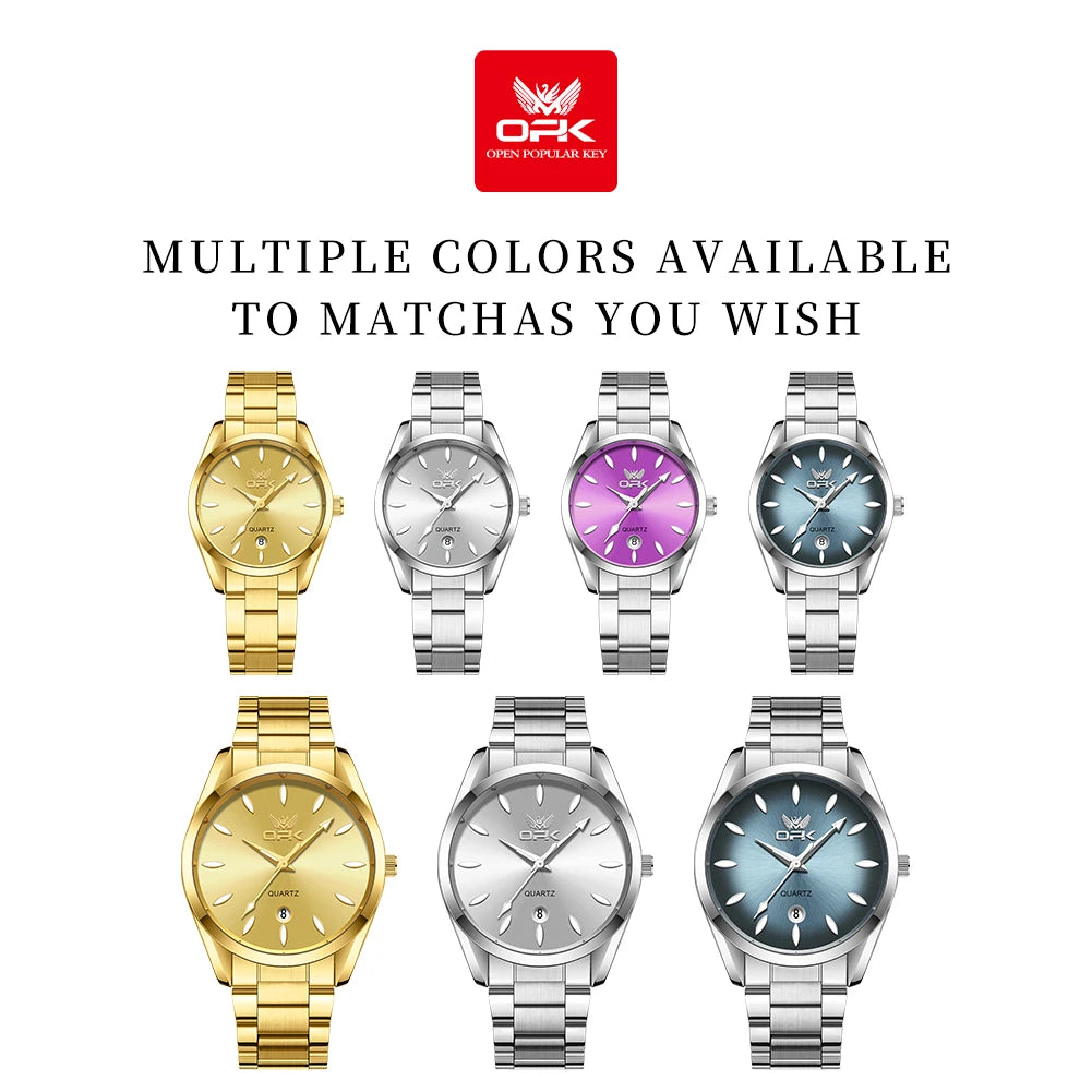 OPK 6038 Couple montres ceinture en acier inoxydable calendrier étanche profond horloge à main