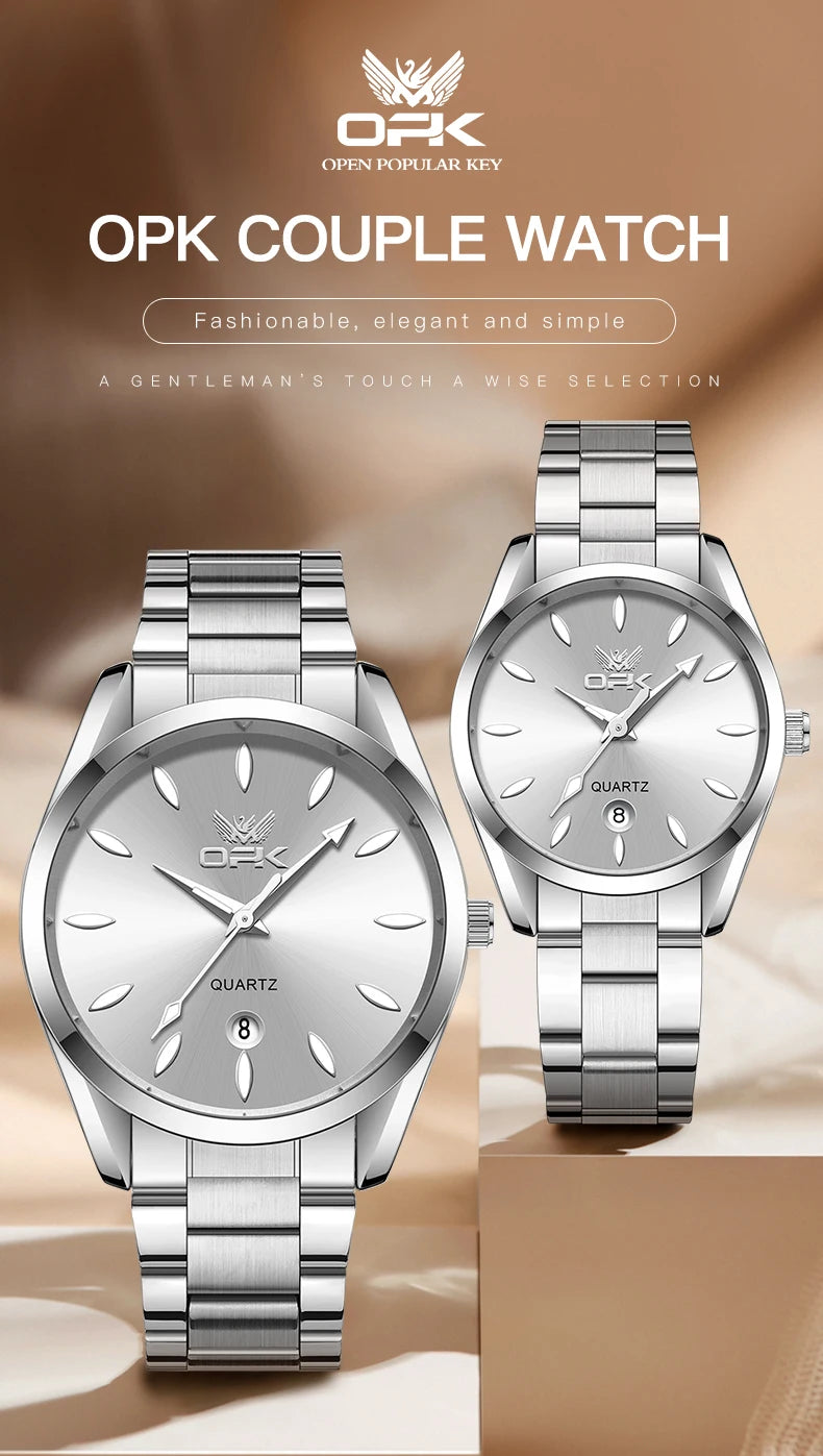 OPK 6038 Couple montres ceinture en acier inoxydable calendrier étanche profond horloge à main