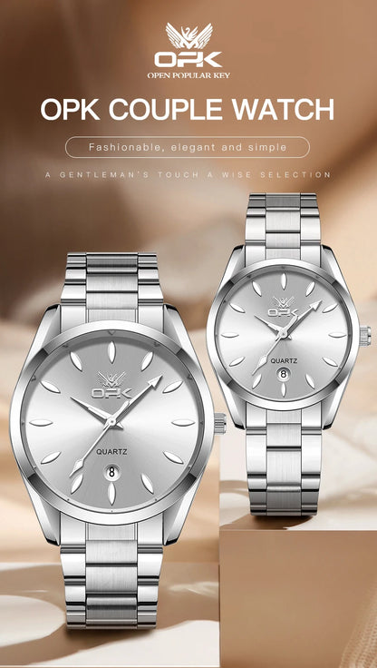 OPK 6038 Couple montres ceinture en acier inoxydable calendrier étanche profond horloge à main