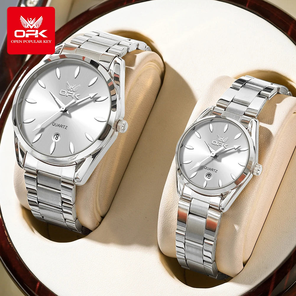 OPK 6038 Couple montres ceinture en acier inoxydable calendrier étanche profond horloge à main